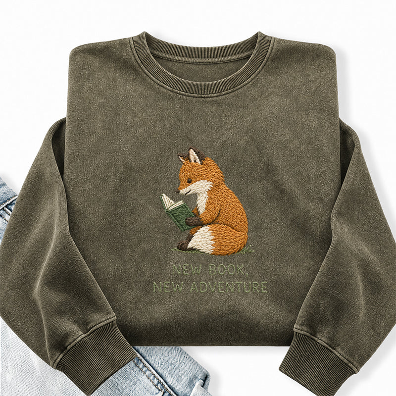 Embroidered New Book New Adventure Washed Crewneck Sweatshirt