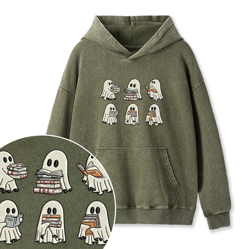 Embroidered Halloween Ghost Book Washed Hoodie
