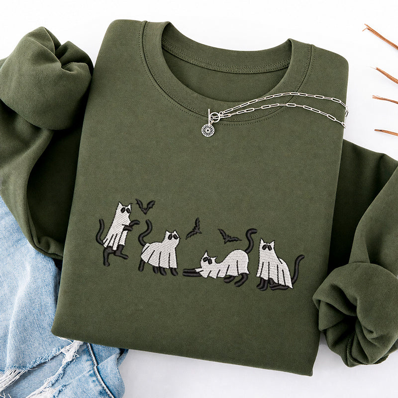 Embroidered Funny Cat Ghosts Classic Crewneck Sweatshirt