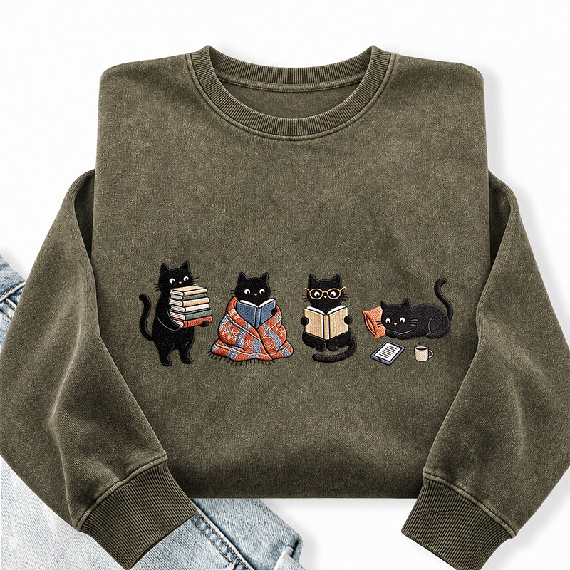 Embroidered Reading Black Cat Washed Crewneck Sweatshirt