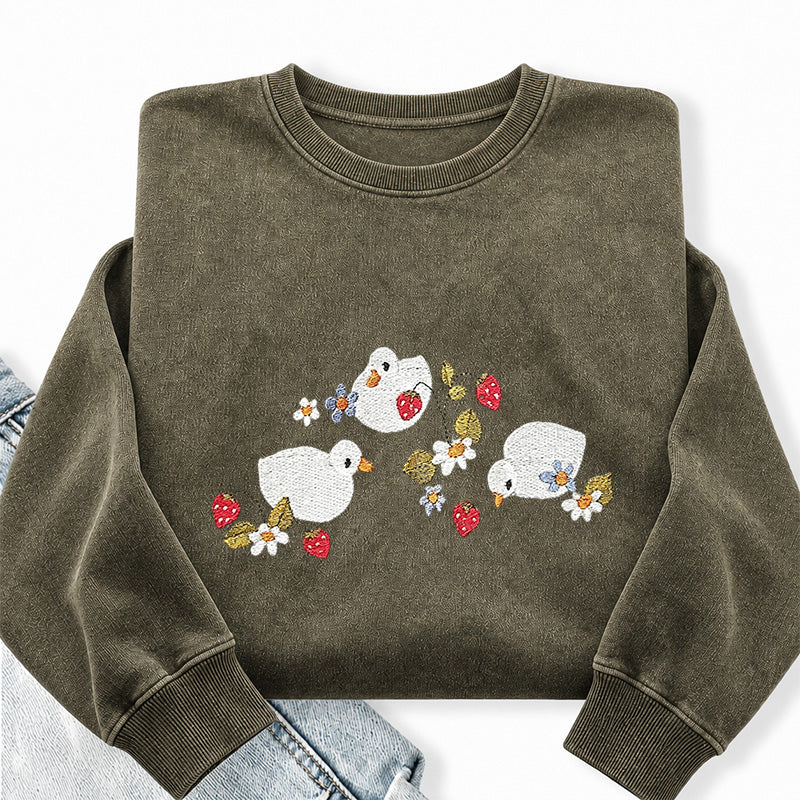 Embroidered Strawberry Duck Washed Crewneck Sweatshirt
