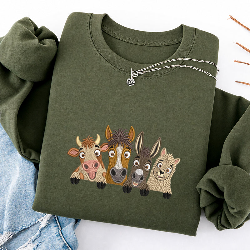Embroidered Peeking Farm Animals Classic Crewneck Sweatshirt