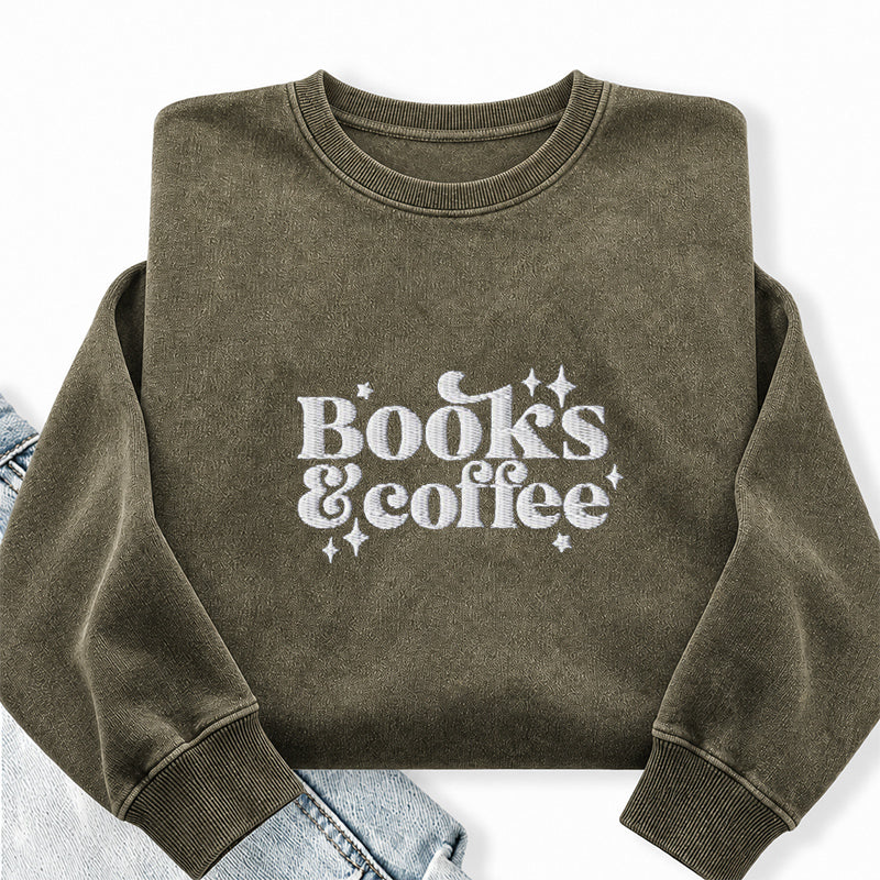 Embroidered Books & Coffee Washed Crewneck Sweatshirt
