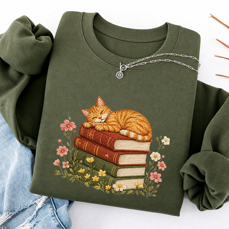 Embroidered Cat Sleeping On Books Classic Crewneck Sweatshirt