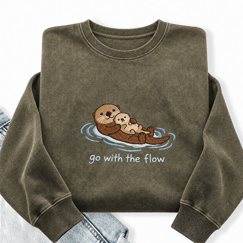 Embroidered Go With The Flow Otter Washed Crewneck Sweatshirt