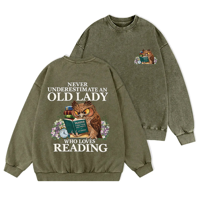 Funny Owl Old Lady Loves Reading Washed Crewneck Sweatshirt