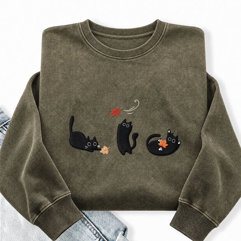 Embroidered Black Cats and Fall Leaves Washed Crewneck Sweatshirt