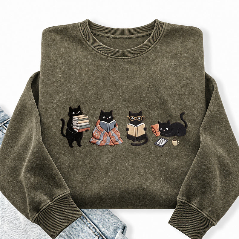 Embroidered Reading Black Cat Washed Crewneck Sweatshirt