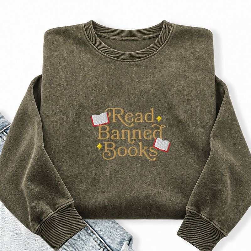 Embroidered Read Banned Books Washed Crewneck Sweatshirt