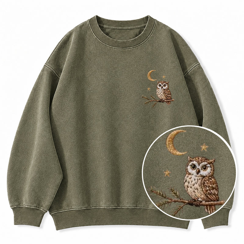 Embroidered Night Owl Washed Crewneck Sweatshirt