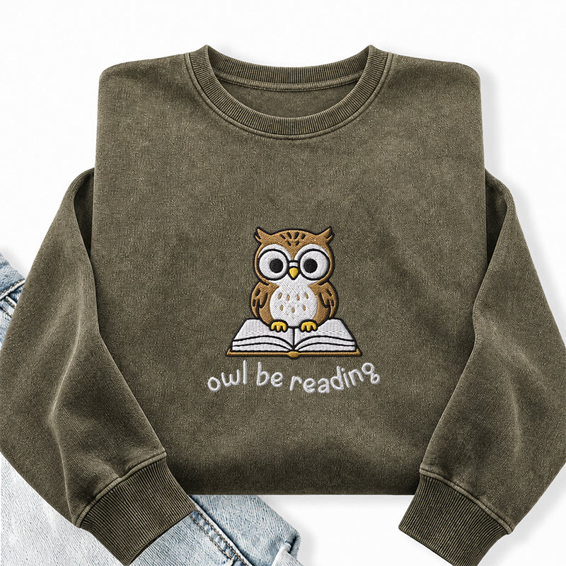 Embroidered Owl Be Reading Washed Crewneck Sweatshirt