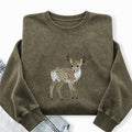 Embroidered Forest Deer Washed Crewneck Sweatshirt