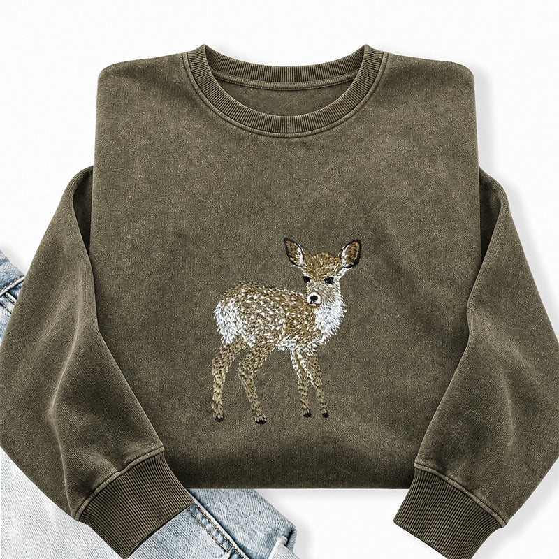 Embroidered Forest Deer Washed Crewneck Sweatshirt