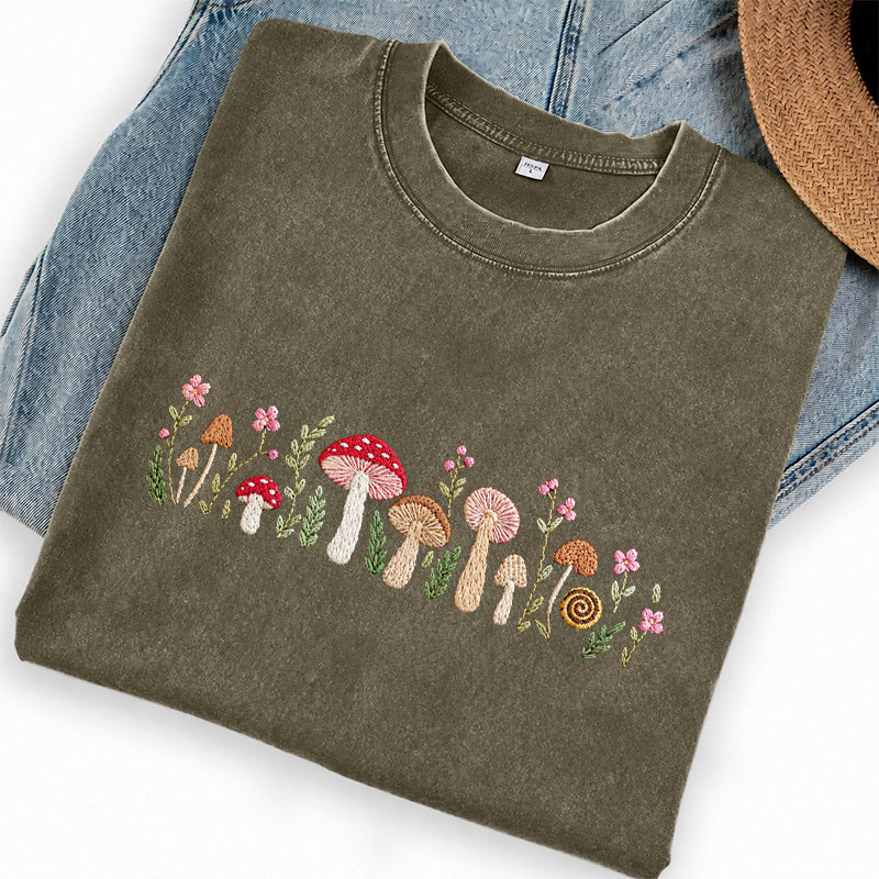Embroidered Enchanted Mushroom Washed Crew Neck T-Shirt