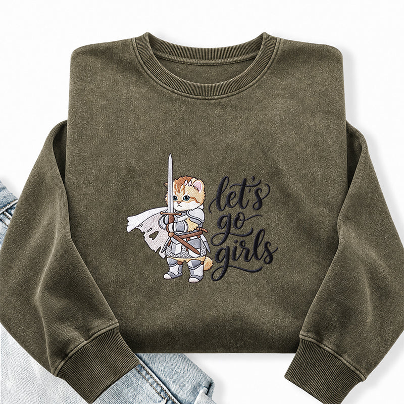 Embroidered Let's Go Girls Knight Cat Washed Crewneck Sweatshirt