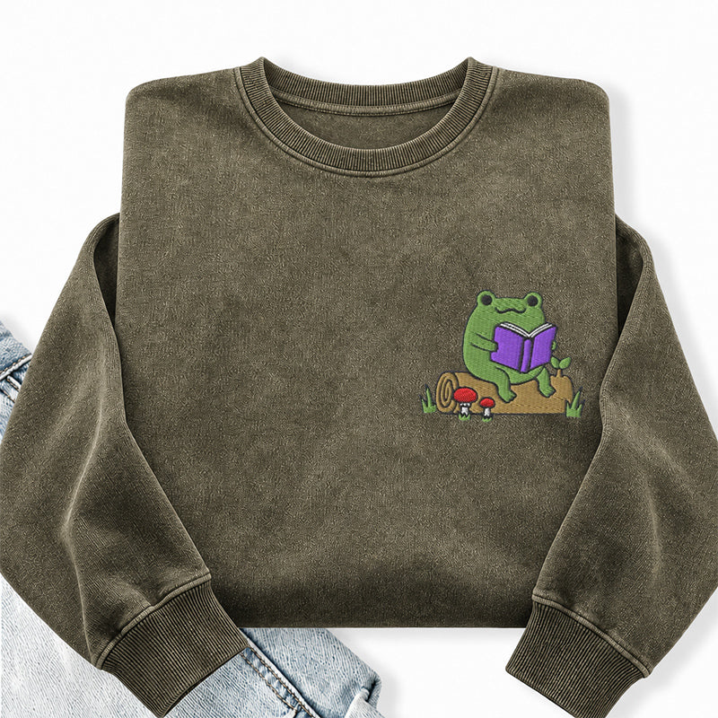 Embroidered Reading Frog Washed Crewneck Sweatshirt