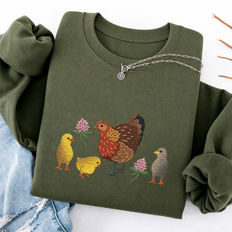 Embroidered Hen & Chicks Classic Crewneck Sweatshirt