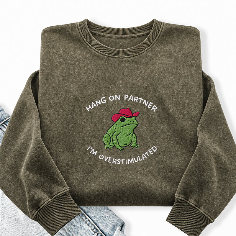 Embroidered Hang On Partner Cowboy Frog Washed Crewneck Sweatshirt