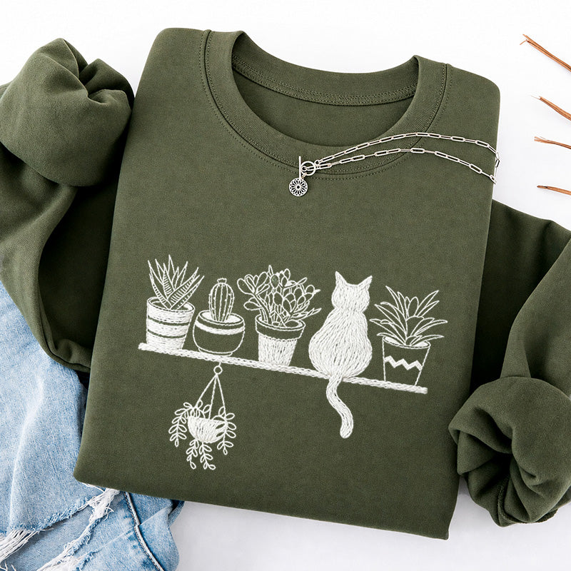 Embroidered Cats And Plants Classic Crewneck Sweatshirt