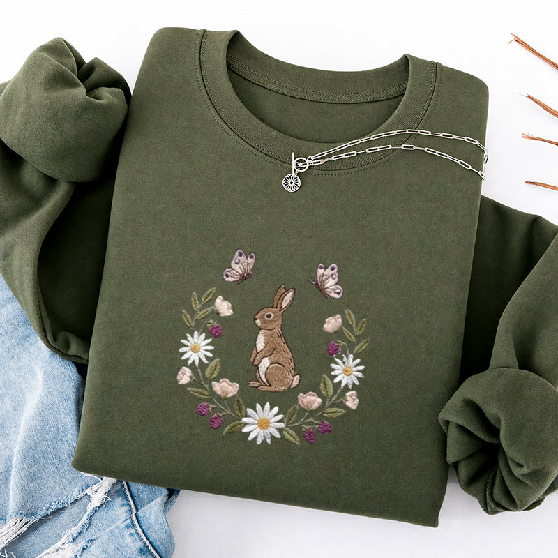 Embroidered Bunny Flower Classic Crewneck Sweatshirt