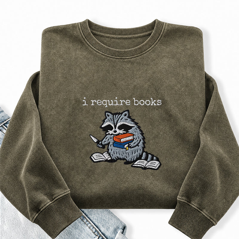 Embroidered I Require Books Raccoon Washed Crewneck Sweatshirt