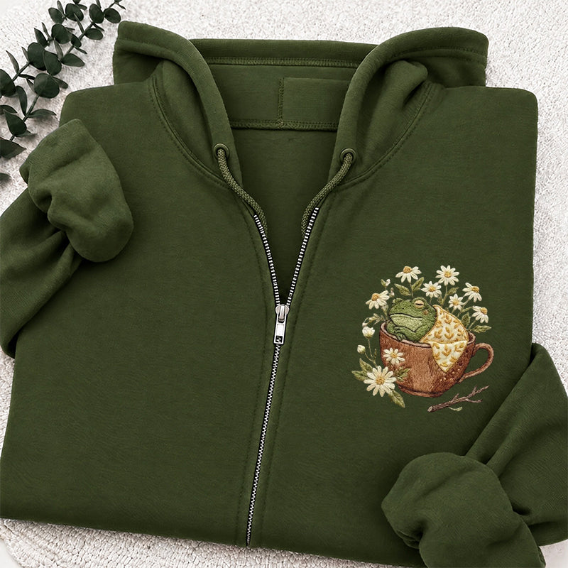 Embroidered Frog in Teacup Classic Adult Unisex Full Zip Hoodie