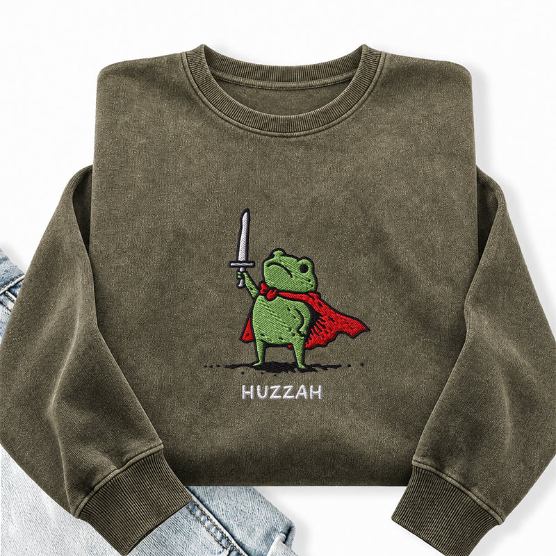 Embroidered Huzzah Frog with Sword Washed Crewneck Sweatshirt