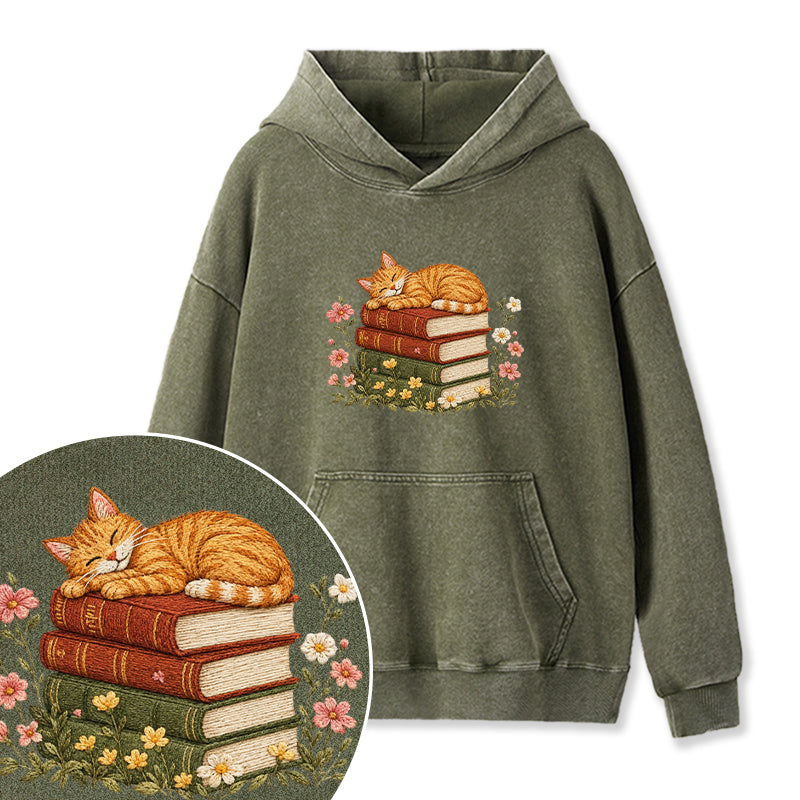 Embroidered Cat Sleeping On Books Washed Hoodie