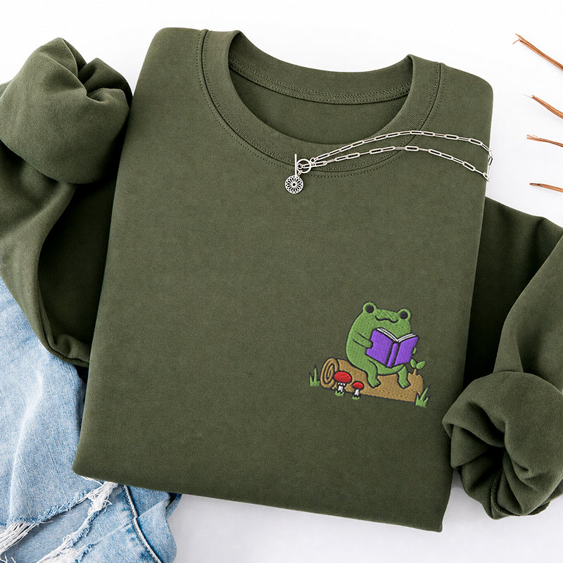 Embroidered Cute Reading Frog Classic Crewneck Sweatshirt