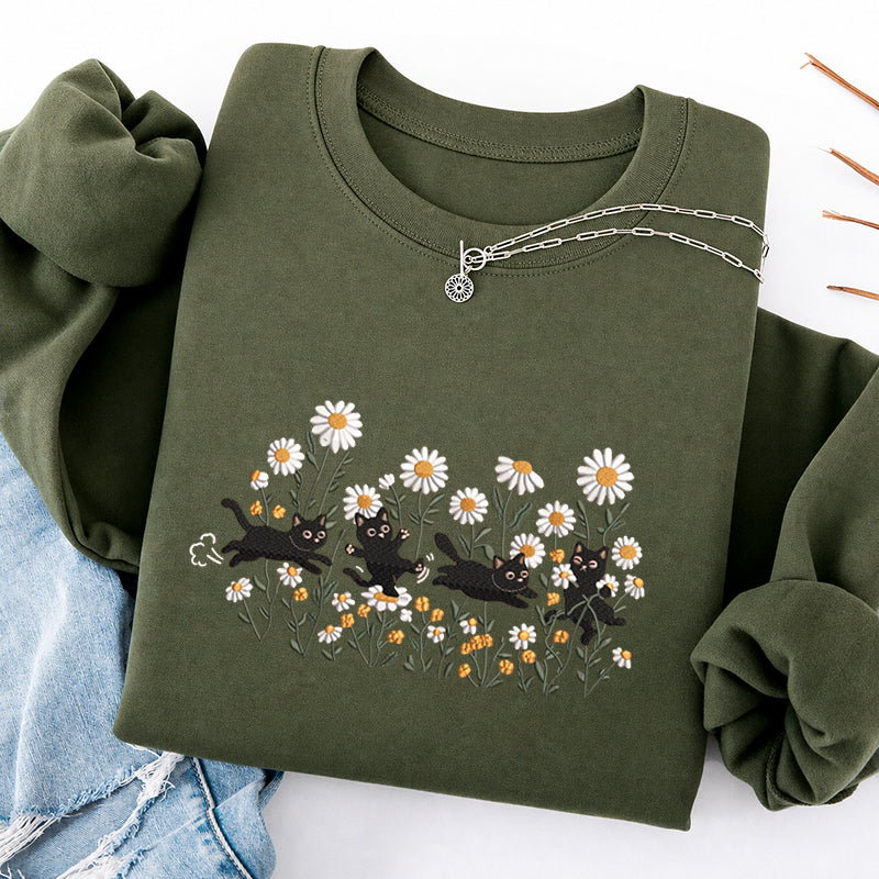 Embroidered Garden Playing Cats Daisy Classic Crewneck Sweatshirt