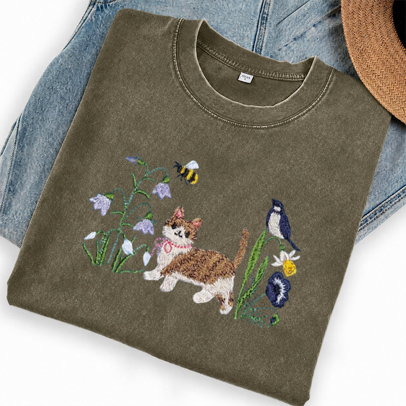 Embroidered Cat Wildflower Washed Crew Neck T-Shirt