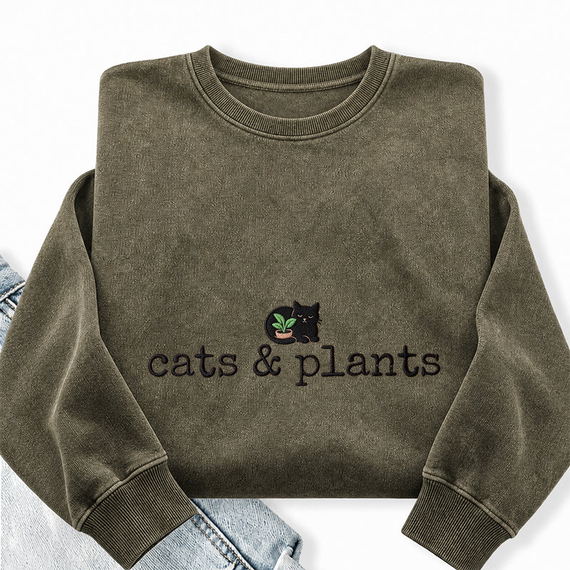 Embroidered Cat and Plants Washed Crewneck Sweatshirt