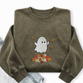 Embroidered Fall Ghost Washed Crewneck Sweatshirt