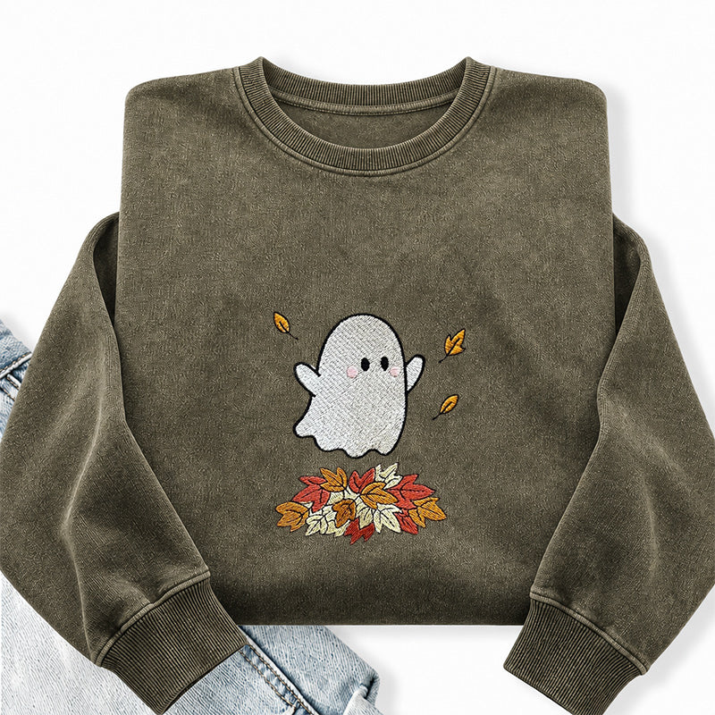 Embroidered Fall Ghost Washed Crewneck Sweatshirt