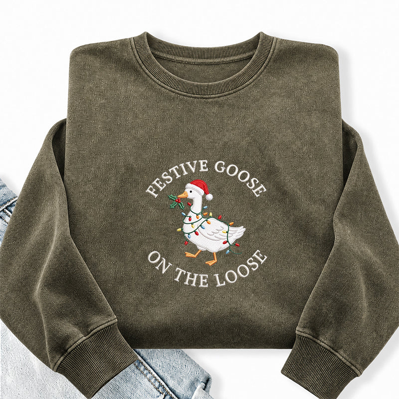 Embroidered Festive Goose On The Loose Washed Crewneck Sweatshirt