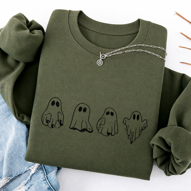 Embroidered Treat Or Trick Ghosts Halloween Classic Crewneck Sweatshirt