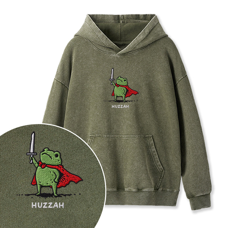 Embroidered Huzzah Frog with Sword Washed Hoodie
