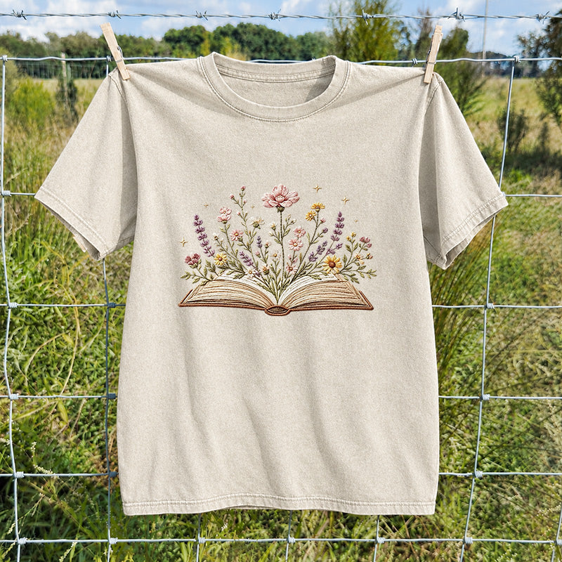 Embroidered Floral Book Washed Crew Neck T-Shirt
