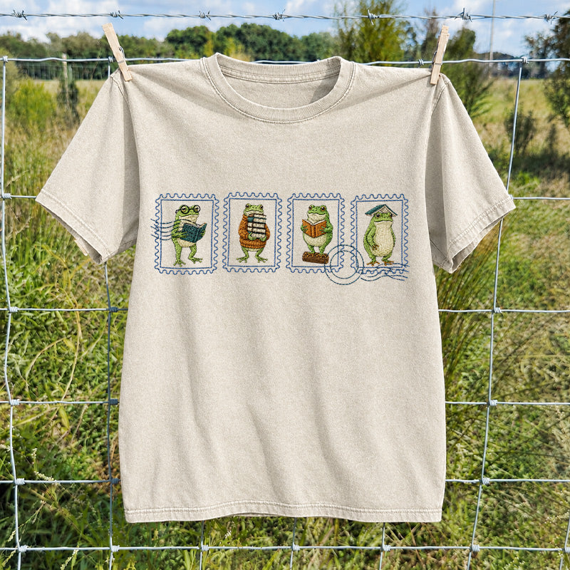 Embroidered Bookish Frog Stamp Washed Crew Neck T-Shirt