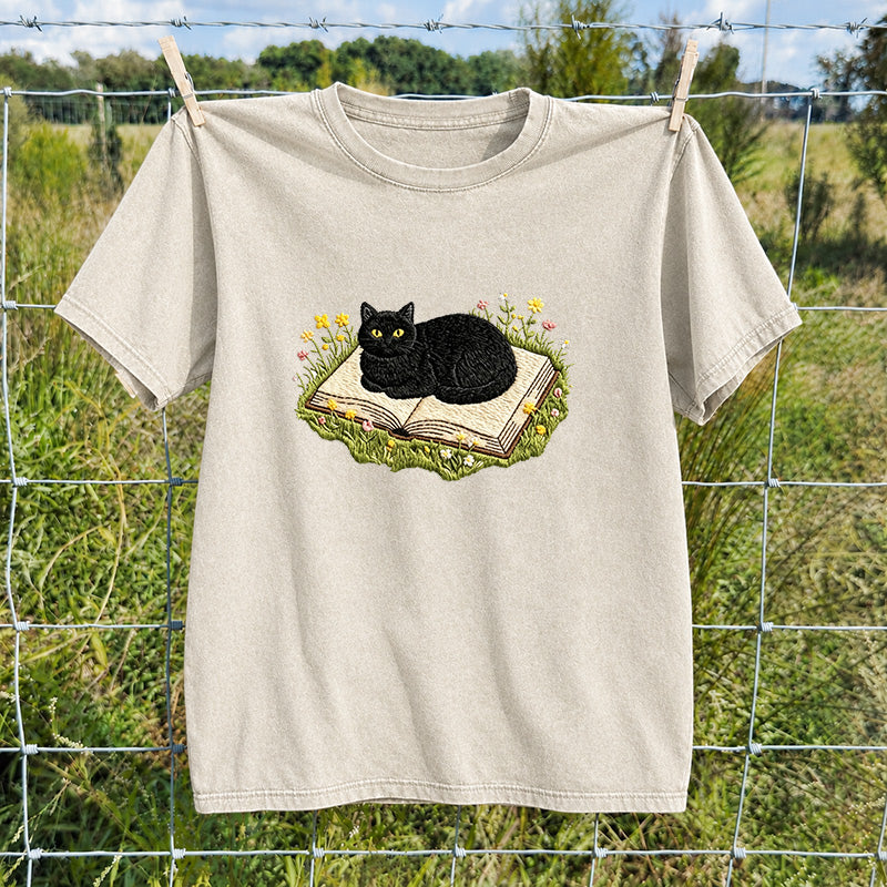 Embroidered Black Cat Book Washed Crew Neck T-Shirt