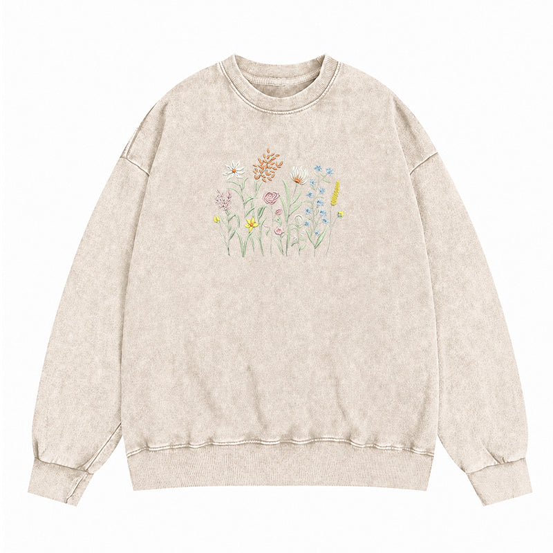 Embroidered Cute Wildflowers Washed Crewneck Sweatshirt