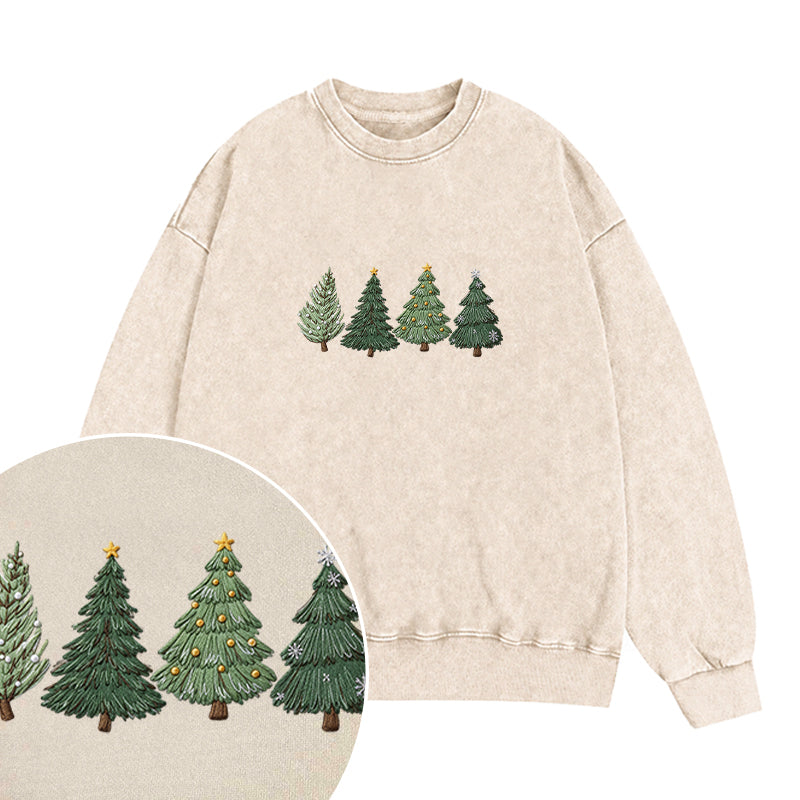 Embroidered Christmas Trees Washed Crewneck Sweatshirt