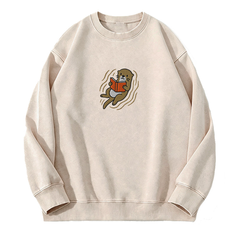 Embroidered Otter Read Book Washed Crewneck Sweatshirt