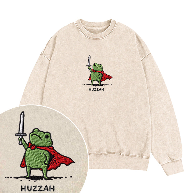 Embroidered Huzzah Frog with Sword Washed Crewneck Sweatshirt