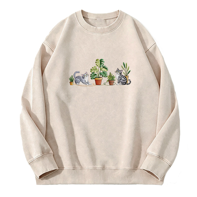 Embroidered Plants And Cat Washed Crewneck Sweatshirt