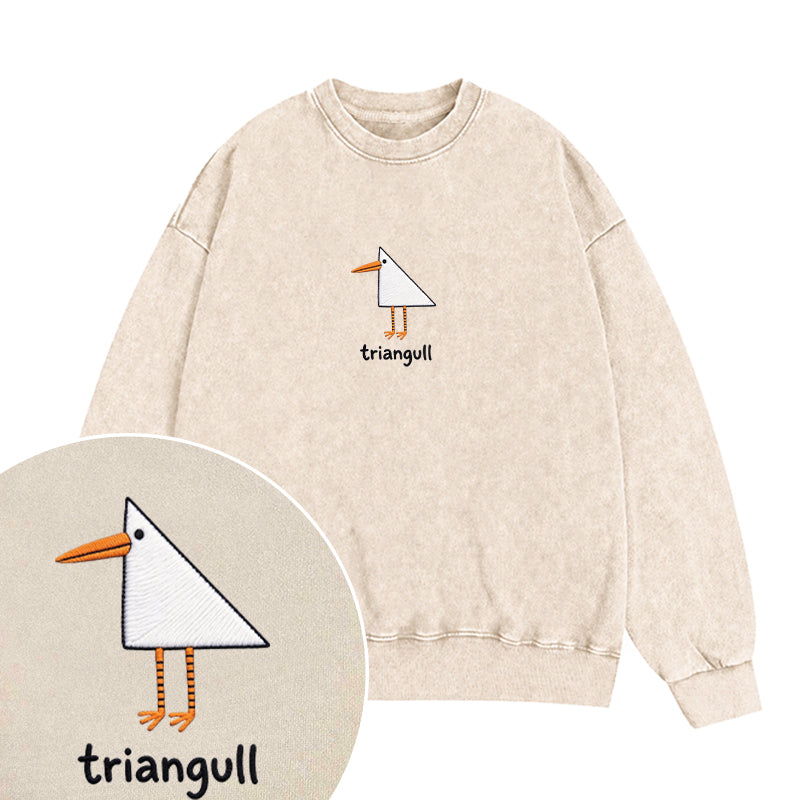 Embroidered Funny Triangull Seagull Washed Crewneck Sweatshirt