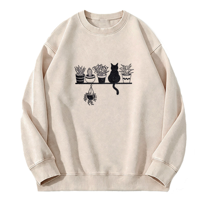 Embroidered Cats And Plants Washed Crewneck Sweatshirt