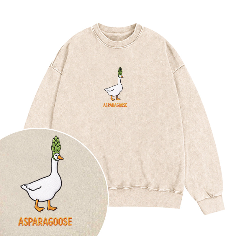 Embroidered Funny Asparagus Asparagoose Washed Crewneck Sweatshirt