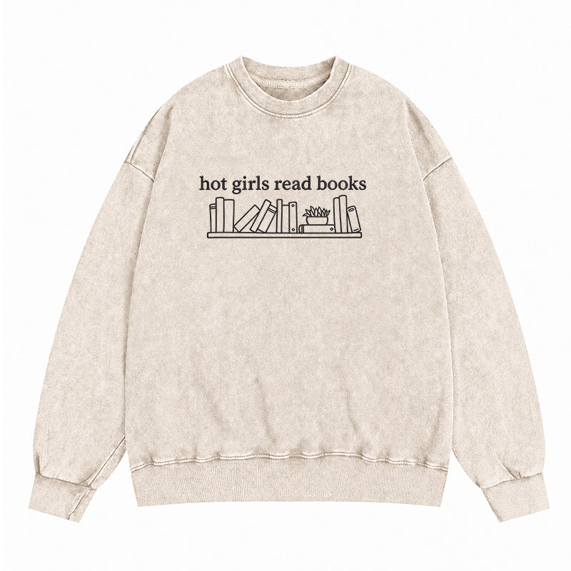 Embroidered Hot Girls Read Books Washed Crewneck Sweatshirt