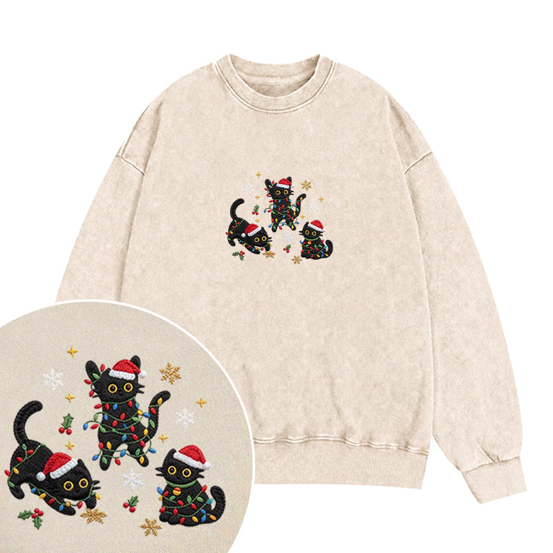 Embroidered Black Cat Christmas Washed Crewneck Sweatshirt
